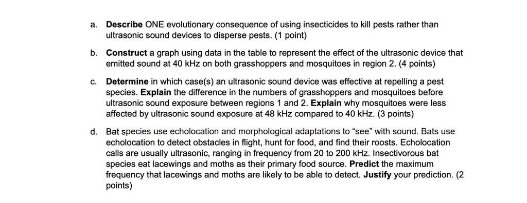 a. Describe ONE evolutionary consequence of using insecticides to kill pests rather than ultrasonic sound devices to disperse pests. (1 point)
b. Construct a graph using data in the table to represent the effect of the ultrasonic device that emitted sound at 40 kHz on both grasshoppers and mosquitoes in region 2. (4 points)
c. Determine in which case(s) an ultrasonic sound device was effective at repelling a pest species. Explain the difference in the numbers of grasshoppers and mosquitoes before ultrasonic sound exposure between regions 1 and 2. Explain why mosquitoes were less affected by ultrasonic sound exposure at 48 kHz compared to 40 kHz. (3 points)
d. Bat species use echolocation and morphological adaptations to "see" with sound. Bats use echolocation to detect obstacles in flight, hunt for food, and find their roosts. Echolocation calls are usually ultrasonic, ranging in frequency from 20 to 200 kHz. Insectivorous bat species eat lacewings and moths as their primary food source. Predict the maximum frequency that lacewings and moths are likely to be able to detect. Justify your prediction. (2 points)