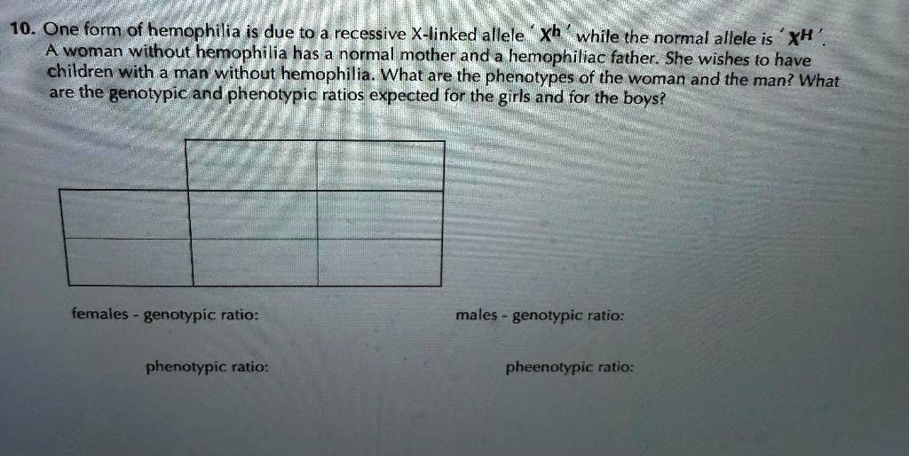 SOLVED: 10= One form of hemophilia due to a recessive X-linked allele ...