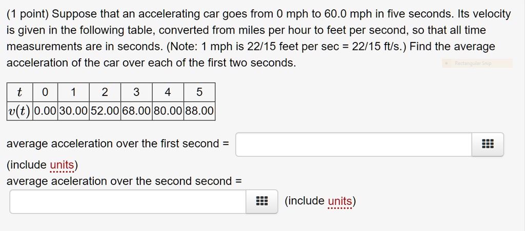 1 point suppose that an accelerating car goes from 0 mph to 600 mph in five seconds its velocity is given in the following table converted from miles per hour to feet per second so that all 68572