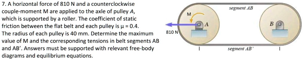 7. A horizontal force of 810 N and a counterclockwise
couple-moment M are applied to the axle of pulley A,
which is supported by a roller. The coefficient of static
friction between the flat belt and each pulley is (mu = 0.4).
The radius of each pulley is 40 mm. Determine the maximum
value of M and the corresponding tensions in belt segments AB
and AB'. Answers must be supported with relevant free-body
diagrams and equilibrium equations.