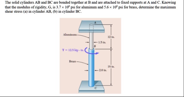 the solid cylinders ab and bc are bonded together at b and are attached to fixed supports at a and c knowing that the modulus of rigidity g is 37 times 106 psi for aluminum and 56 times 106  91167