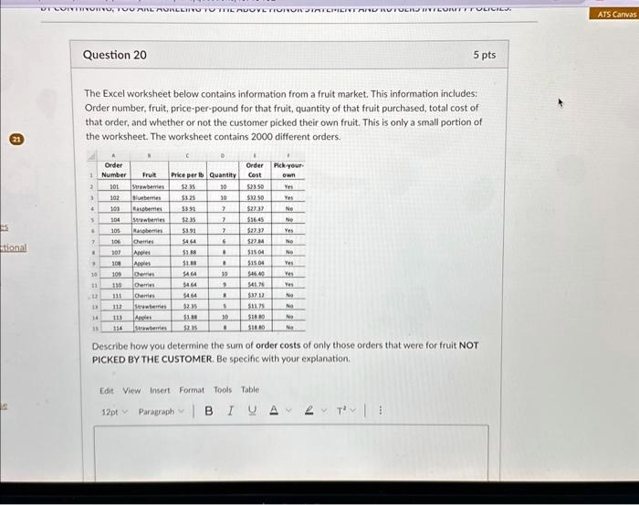 the excel worksheet below contains information from a fruit market this information includes order number fruit price per pound for that fruit quantity of that fruit purchased total cost of  31424