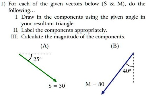 1) For each of the given vectors below (S     M), do the following...
I. Draw in the components using the given angle in your resultant triangle.
II. Label the components appropriately.
III. Calculate the magnitude of the components.
(A)
25°
S = 50
(B)
40°
M = 80