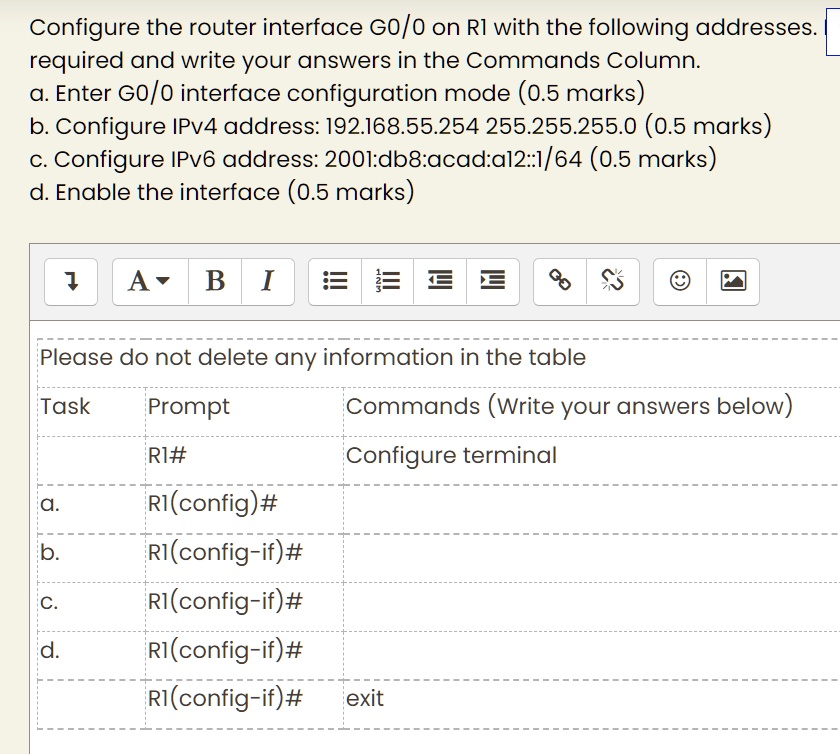 SOLVED: Configure The Router Interface GigabitEthernet 0/0 On R1 With ...