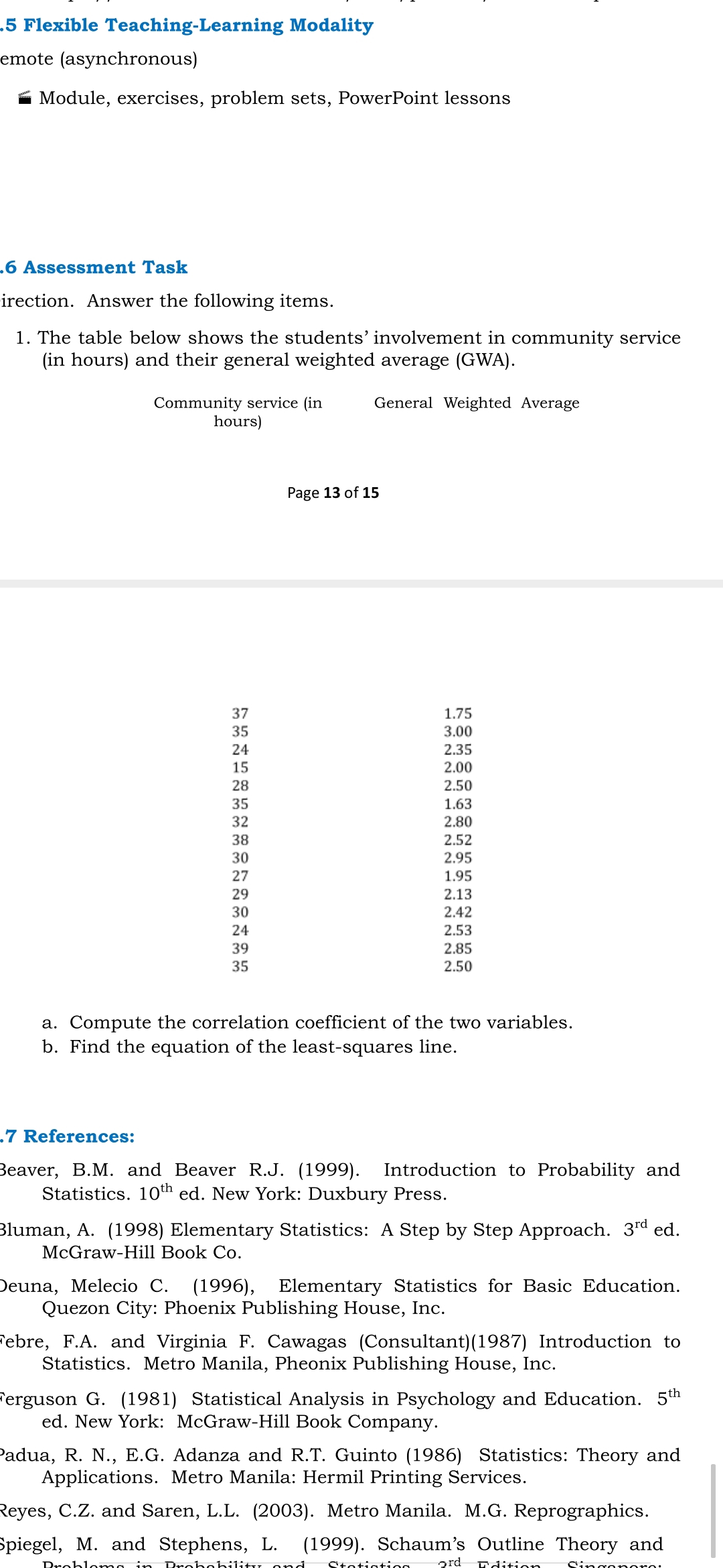 5 Flexible Teaching-Learning Modality
emote (asynchronous)
Module, exercises, problem sets, PowerPoint lessons
6 Assessment Task
irection. Answer the following items.
1. The table below shows the students' involvement in community service (in hours) and their general weighted average (GWA).
Community service (in General Weighted Average hours)
Page 13 of 15
37     1.75 
     35     3.00 
     24     2.35 
     15     2.00 
     28     2.50 
     35     1.63 
     32     2.80 
     38     2.52 
     30     2.95 
     27     1.95 
     29     2.13 
     30     2.42 
     24     2.53 
     39     2.85 
     35     2.50
a. Compute the correlation coefficient of the two variables.
b. Find the equation of the least-squares line.
7 References:
Beaver, B.M. and Beaver R.J. (1999). Introduction to Probability and Statistics. 10^th ed. New York: Duxbury Press.

Bluman, A. (1998) Elementary Statistics: A Step by Step Approach. 3^rd ed. McGraw-Hill Book Co.

Deuna, Melecio C. (1996), Elementary Statistics for Basic Education. Quezon City: Phoenix Publishing House, Inc.
ebre, F.A. and Virginia F. Cawagas (Consultant)(1987) Introduction to Statistics. Metro Manila, Pheonix Publishing House, Inc.
ierguson G. (1981) Statistical Analysis in Psychology and Education. 5^th ed. New York: McGraw-Hill Book Company.
adua, R. N., E.G. Adanza and R.T. Guinto (1986) Statistics: Theory and Applications. Metro Manila: Hermil Printing Services.
Reyes, C.Z. and Saren, L.L. (2003). Metro Manila. M.G. Reprographics. Spiegel, M. and Stephens, L. (1999). Schaum's Outline Theory and