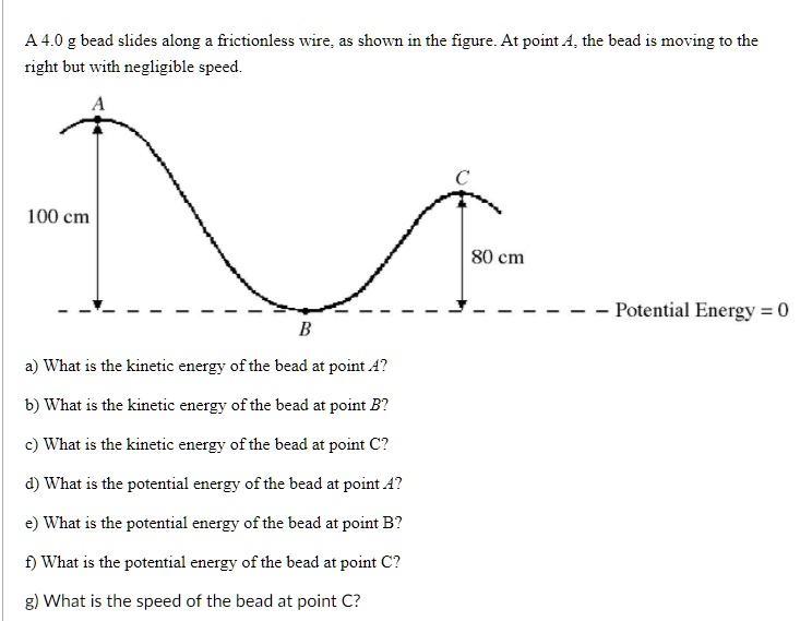 A 4.0 g bead slides along a frictionless wire, as shown in the figure. At point A, the bead is moving to the right but with negligible speed.

100 cm
80 cm
– Potential Energy = 0

a) What is the kinetic energy of the bead at point A?
b) What is the kinetic energy of the bead at point B?
c) What is the kinetic energy of the bead at point C?
d) What is the potential energy of the bead at point A?
e) What is the potential energy of the bead at point B?
f) What is the potential energy of the bead at point C?
g) What is the speed of the bead at point C?