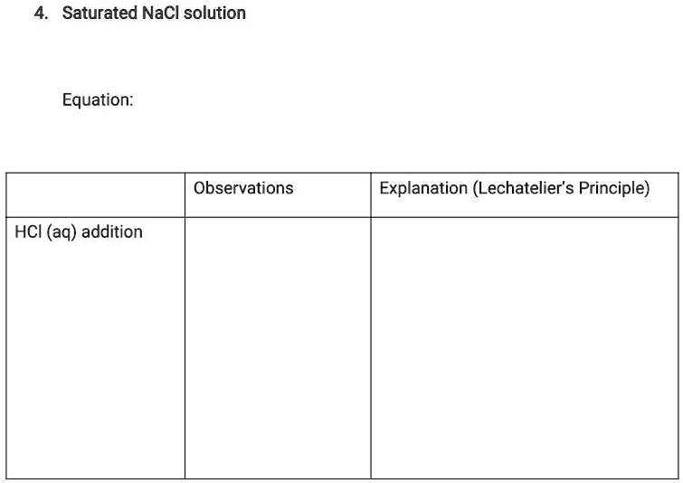 Solved saturated nacl solution equation observations explanation le