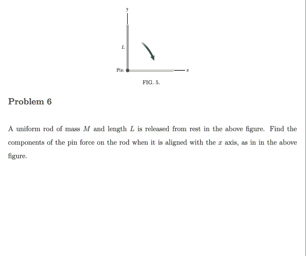 Problem 6

A uniform rod of mass M and length L is released from rest in the above figure. Find the components of the pin force on the rod when it is aligned with the x axis, as in in the above figure.