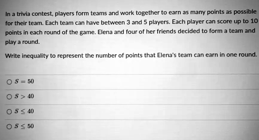 Trivia Point System In a trivia contest, players form teams and work together to...