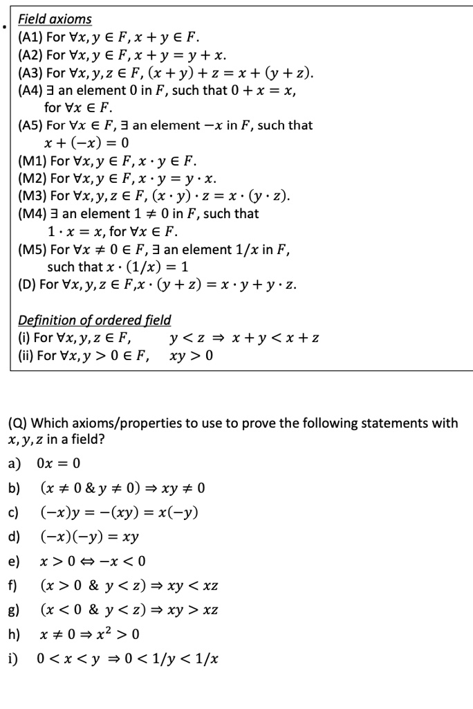 Field Axioms Al For Vx Y Ef X Y Ef A2 For Vx Y … Solvedlib