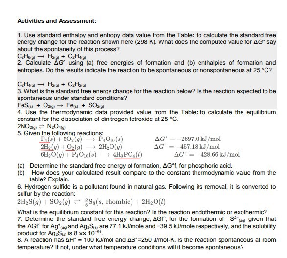 SOLVED: Activities and Assessment: 1. Use standard enthalpy and entropy ...