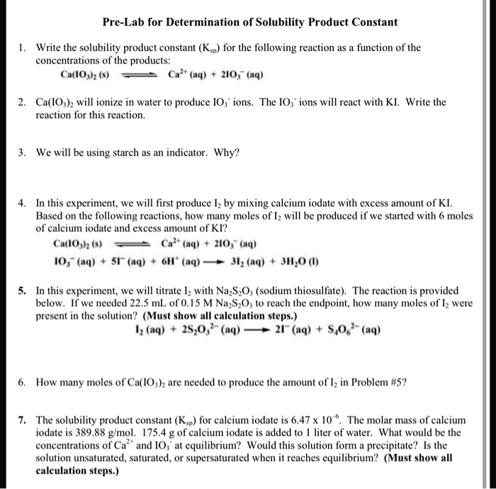 Solved Text Pre Lab For Determination Of Solubility Product Constant Write The Solubility 8845