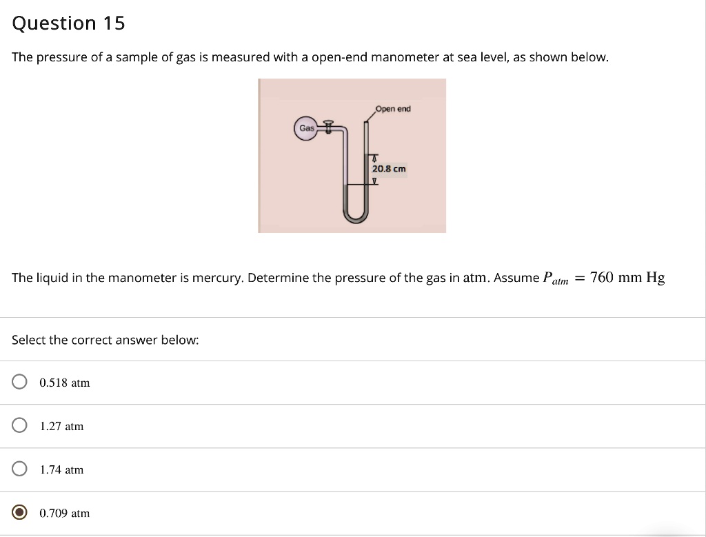 SOLVED: Question 15 The pressure of a sample of gas is measured with a ...