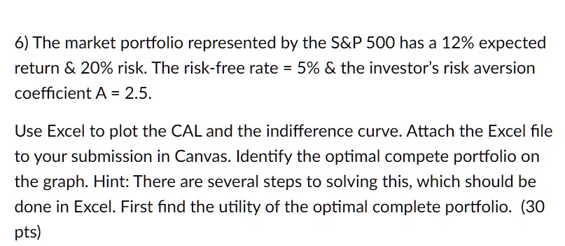 6) The market portfolio represented by the S   P 500 has a 12% expected
return     20% risk. The risk-free rate = 5% & the investor's risk aversion
coefficient A = 2.5.
Use Excel to plot the CAL and the indifference curve. Attach the Excel file
to your submission in Canvas. Identify the optimal compete portfolio on
the graph. Hint: There are several steps to solving this, which should be
done in Excel. First find the utility of the optimal complete portfolio. (30
pts)
