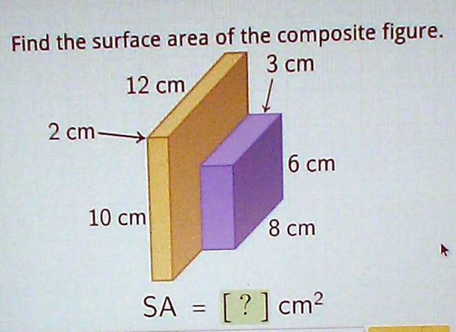 Find the surface area of the composite figure: 3 cm 12 cm 2 cm 6 cm 10 ...
