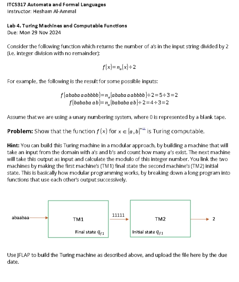 itcs317 automata and formal languages instructor hesham al ammal lab 4 turing machines and computable functions due mon 29 nov 2024 consider the following function which returns the number o 36126
