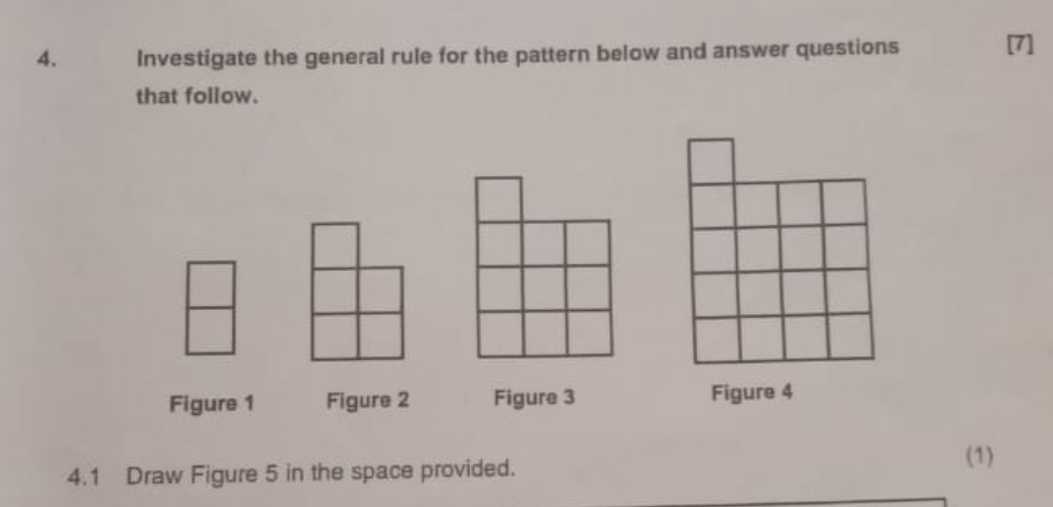 4. Investigate the general rule for the pattern below and answer questions that follow. [7]
Figure 1 Figure 2 Figure 3 Figure 4
4.1 Draw Figure 5 in the space provided. (1)