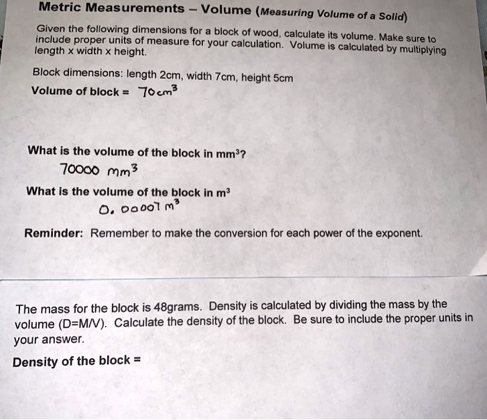 SOLVED Metric Measurements Volume (Measuring Volume of a Solid) Given