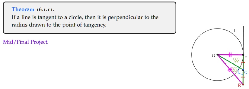 SOLVED: Theorem 16.1.11. If a line is tangent to a circle, then it is ...