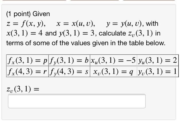 Solved Point Given Z F X Y X X U U Y Y U U With X 3 1 4 And Y 3 1 3 Calculate 2v 3 1 In Terms Of Some Of The Values Given In