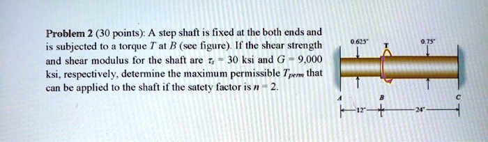 Problem 2 (30 points): A step shaft is fixed at the both ends and is subjected to a torque T at B (see figure). If the shear strength and shear modulus for the shaft are = 30 ksi and G = 9,000 ksi, respectively, determine the maximum permissible Tperm that can be applied to the shaft if the safety factor is n = 2.