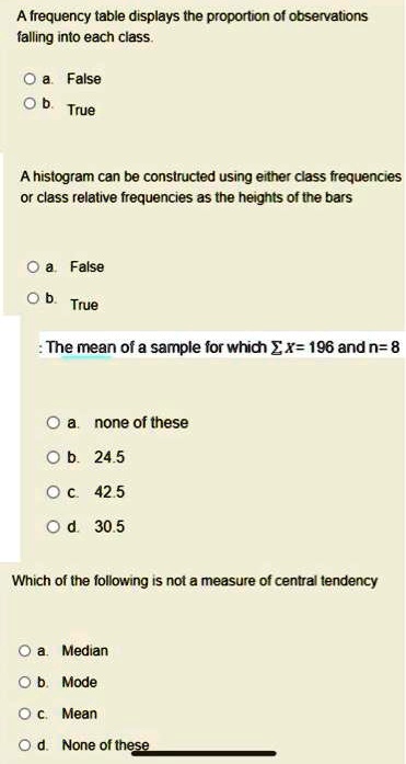 A frequency table displays the proportion of observations falling into each class.

a. False
b. True

A histogram can be constructed using either class frequencies or class relative frequencies as the heights of the bars

a. False
b. True

The mean of a sample for which ?x = 196 and n = 8

a. none of these
b. 24.5
c. 42.5
d. 30.5

Which of the following is not a measure of central tendency

a. Median
b. Mode
c. Mean
d. None of these