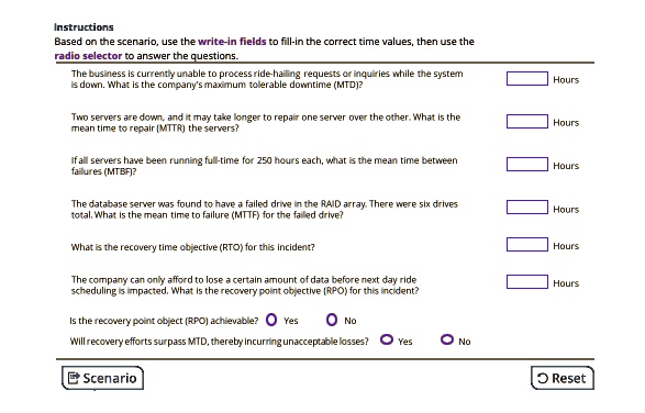 Instructions
Based on the scenario, use the write-in fields to fill-in the correct time values, then use the radio selector to answer the questions.
The business is currently unable to process ride-hailing requests or inquiries while the system is down. What is the company's maximum tolerable downtime (MTD)?
Hours
Two servers are down, and it may take longer to repair one server over the other. What is the mean time to repair (MTTR) the servers?
Hours
If all servers have been running full-time for 250 hours each, what is the mean time between failures (MTBF)?
Hours
The database server was found to have a failed drive in the RAID array. There were six drives total. What is the mean time to failure (MTTF) for the failed drive?
Hours
What is the recovery time objective (RTO) for this incident?
Hours
The company can only afford to lose a certain amount of data before next day ride scheduling is impacted. What is the recovery point objective (RPO) for this incident?
Hours
Is the recovery point object (RPO) achievable? Yes No
Will recovery efforts surpass MTD, thereby incurring unacceptable losses? Yes No
Scenario Reset