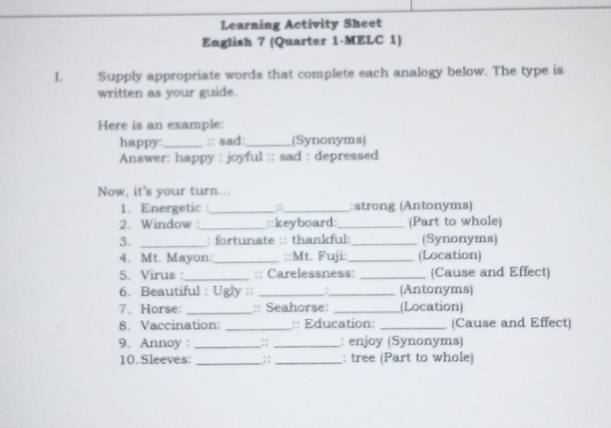 SOLVED: Learning Activity sheet English 7 (Quarter 1-MELC 1) 1. Supply