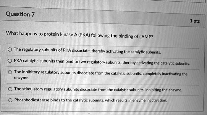 Question 7
What happens to protein kinase A (PKA) following the binding of cAMP?

The regulatory subunits of PKA dissociate, thereby activating the catalytic subunits.
PKA catalytic subunits then bind to two regulatory subunits, thereby activating the catalytic subunits.
The inhibitory regulatory subunits dissociate from the catalytic subunits, completely inactivating the enzyme.
The stimulatory regulatory subunits dissociate from the catalytic subunits, inhibiting the enzyme.
Phosphodiesterase binds to the catalytic subunits, which results in enzyme inactivation.