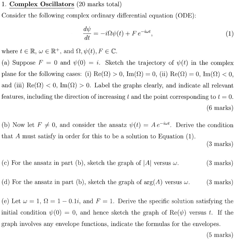 Solved 1 Complex Oscillators Marks Total Consider Thc Following Complex Ordinary Diffcrcntial Cquation Ode Dv Iqy T Fe Iwt Dt Where T A R W A Rt And 1 T F A A