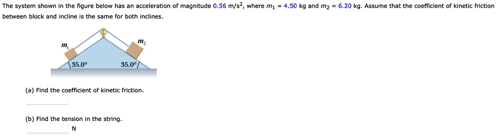 The system shown in the figure below has an acceleration of magnitude 0.56 m/s2, where m1 = 4.50 kg and m2 = 6.20 kg. Assume that the coefficient of kinetic friction between block and incline is the same for both inclines.
m1
m2
35.0°
35.0°
(a) Find the coefficient of kinetic friction.
(b) Find the tension in the string.