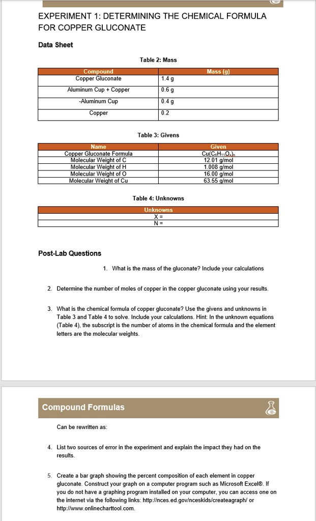 EXPERIMENT 1 DETERMINING THE CHEMICAL FORMULA FOR COPPER GLUCONATE Data Sheet Table 2 Mass