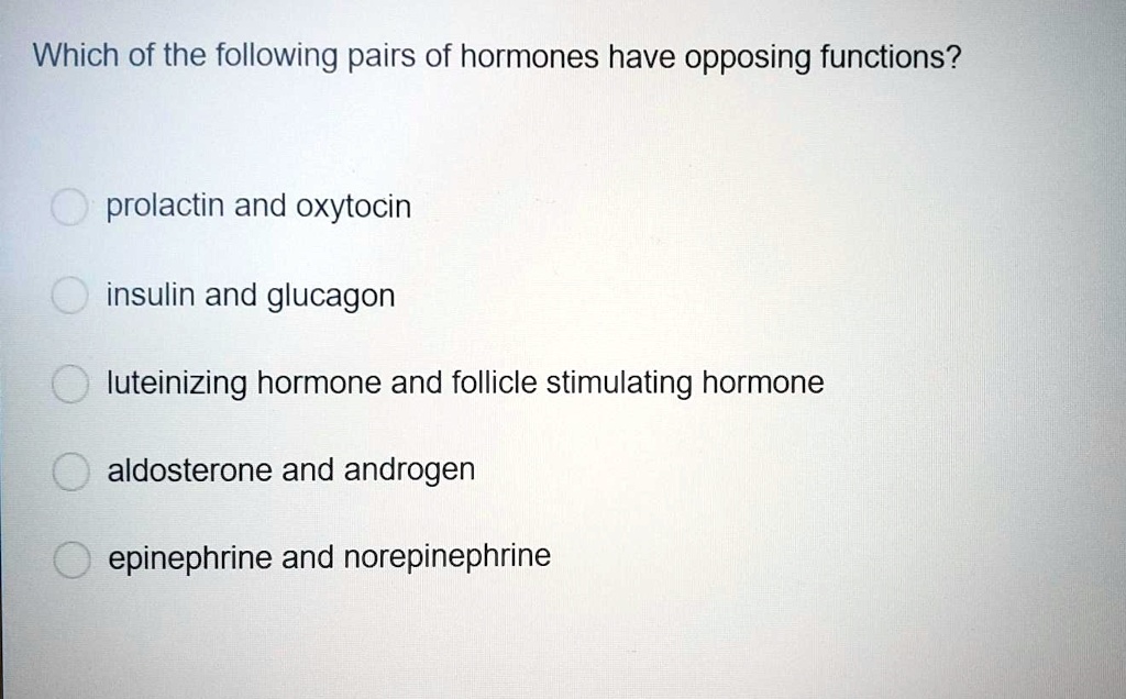 Which of the following pairs of hormones have opposing functions?
prolactin and oxytocin
insulin and glucagon
luteinizing hormone and follicle stimulating hormone
aldosterone and androgen
epinephrine and norepinephrine