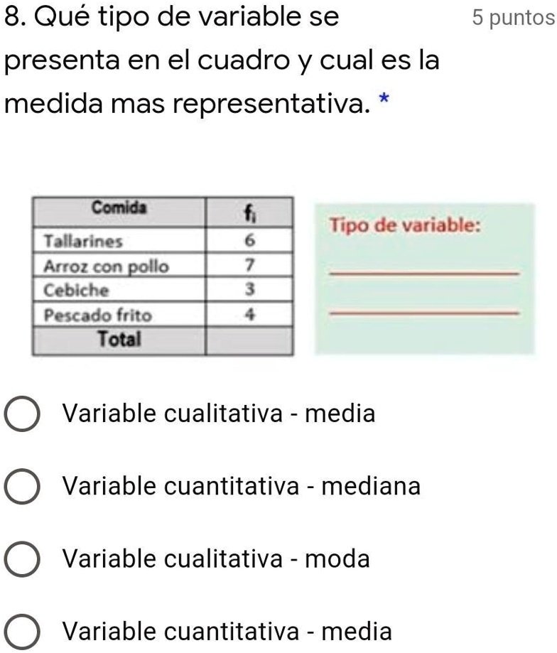 SOLVED: Qué tipo de variable se presenta en el cuadro y cual es la ...