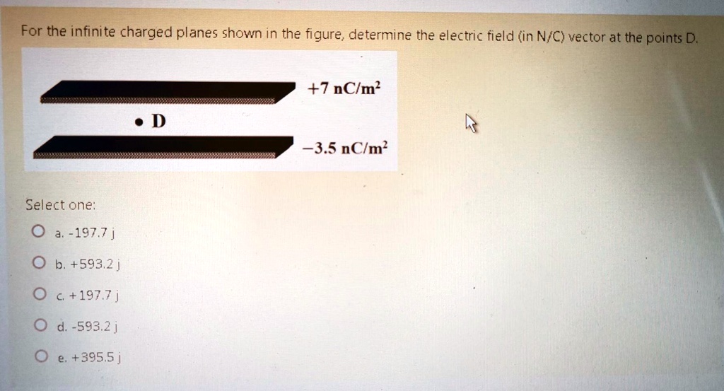 For the infinite charged planes shown in the figure, determine the electric field (in N/C) vector at the points D.

+7 nC/m^2
D
-3.5 nC/m^2

Select one:
a. -197.7 j
b. +593.2 j
c. +197.7 j
d. -593.2 j
e. +395.5 j
