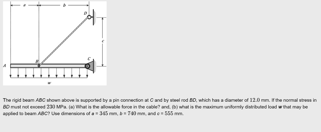 The rigid beam ABC shown above is supported by a pin connection at C and by steel rod BD, which has a diameter of 12.0 mm. If the normal stress in BD must not exceed 230 MPa. (a) What is the allowable force in the cable? and, (b) what is the maximum uniformly distributed load w that may be applied to beam ABC? Use dimensions of a = 345 mm, b = 740 mm, and c = 555 mm.
