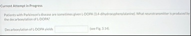 current attempt in progress patients with parkinsons disease are sometimes given l dopa 34 dihydroxyphenylalanine what neurotransmitter is produced by the decarboxylation of l dopa decarboxy 05256