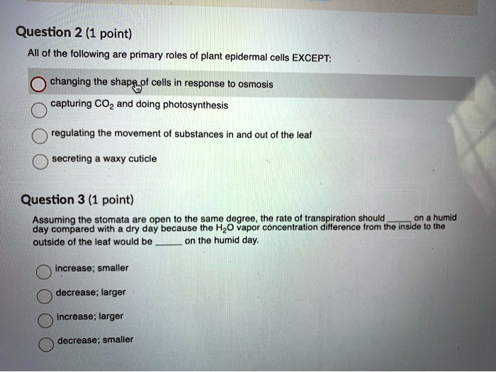 Question 2 (1 point)
All of the following are primary roles of plant epidermal cells EXCEPT:
changing the shape of cells in response to osmosis
capturing CO2 and doing photosynthesis
regulating the movement of substances in and out of the leaf
secreting a waxy cuticle

Question 3 (1 point)
Assuming the stomata are open to the same degree, the rate of transpiration should  on a humid day compared with a dry day because the H2O vapor concentration difference from the inside to the outside of the leaf would be  on the humid day.

increase; smaller
decrease; larger
increase; larger
decrease; smaller