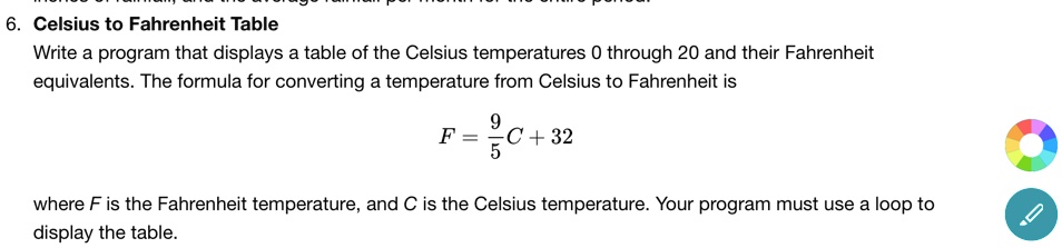 SOLVED: Celsius to Fahrenheit Table Write a Python code for this ...