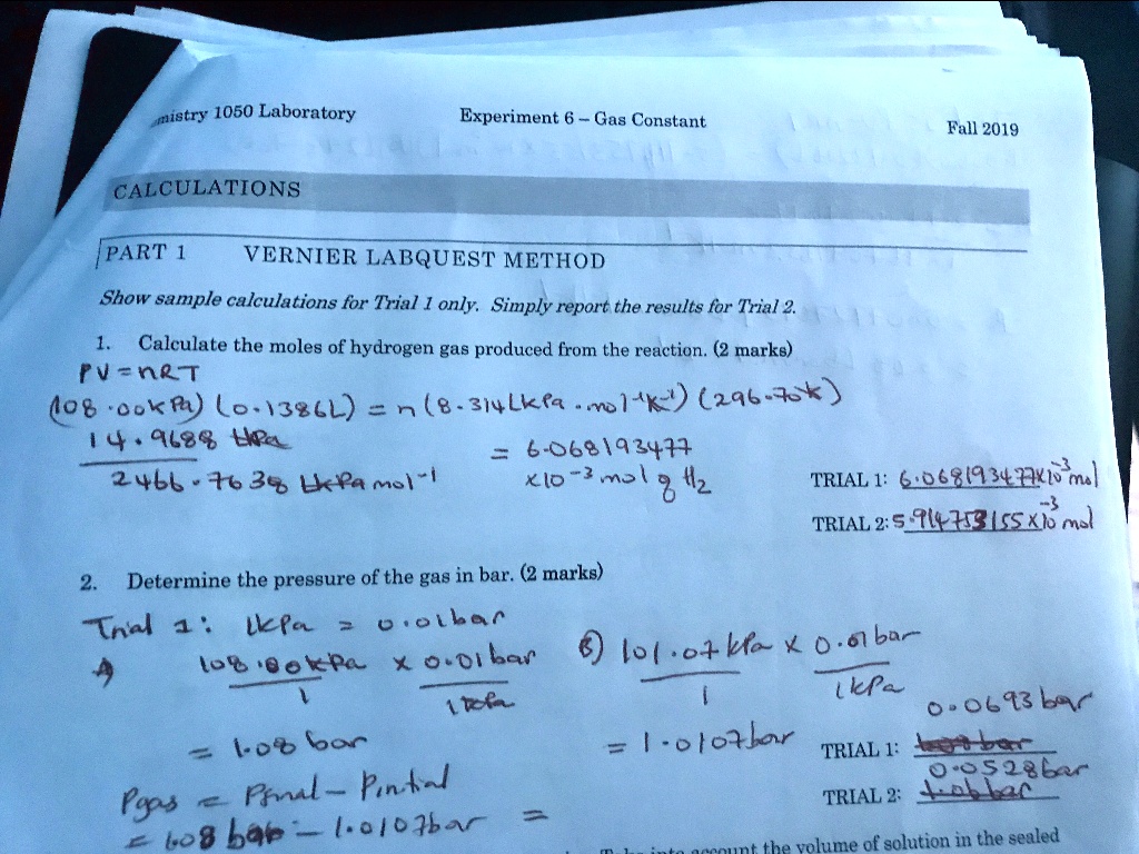 SOLVEDmistry 1050 Laboratory Experiment 6 Gas Constant Fall 2019