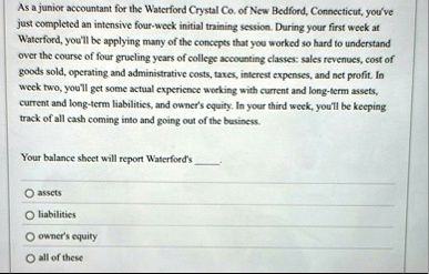 as a junior accountant for the waterford crystal co of new bedford connecticut youve just completed an intensive four week initial training session during your first week at waterford youll  89314
