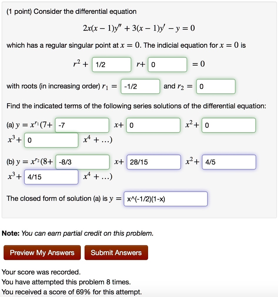 SOLVED point) Consider the differential equation 2x(x I)y" + 36x I)y