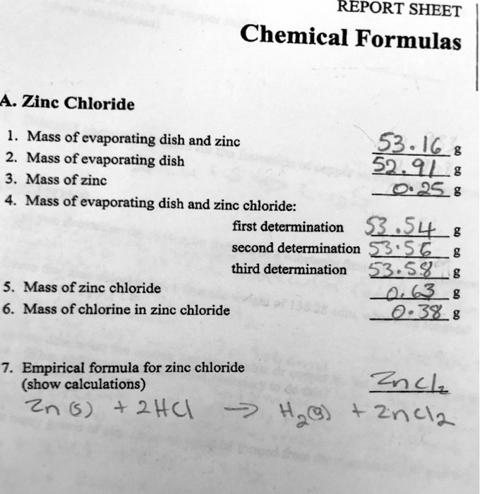 SOLVED REPORT SHEET Chemical Formulas Zinc Chloride Mass of