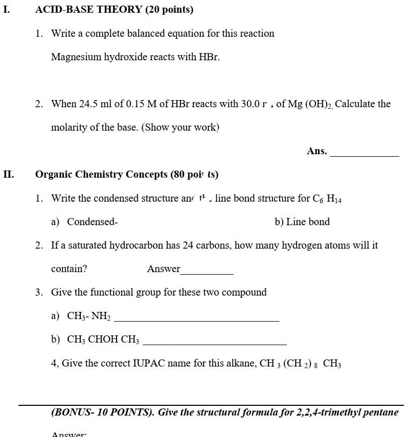 SOLVED: ACID-BASE THEORY (20 points) Write a complete balanced equation ...