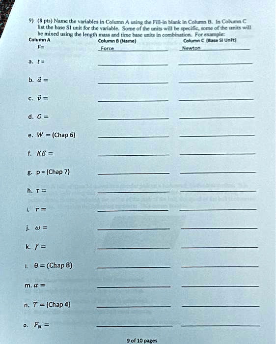 SOLVED: Name the variables in Column A using the Fill-in blank in ...