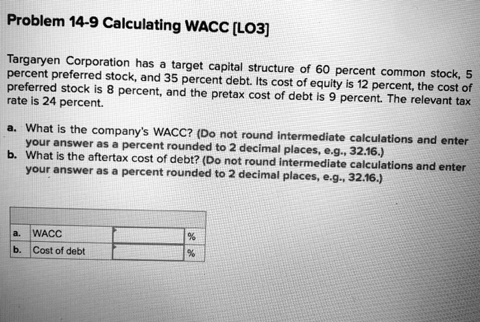 Solved Problem 14 9 Calculating Wacc Lo3 Targaryen Corporation Has A Target Capital Structure 9770