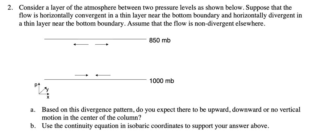 2. Consider a layer of the atmosphere between two pressure levels as shown below. Suppose that the
flow is horizontally convergent in a thin layer near the bottom boundary and horizontally divergent in
a thin layer near the bottom boundary. Assume that the flow is non-divergent elsewhere.
850 mb
p
1000 mb
a. Based on this divergence pattern, do you expect there to be upward, downward or no vertical
motion in the center of the column?
b. Use the continuity equation in isobaric coordinates to support your answer above.