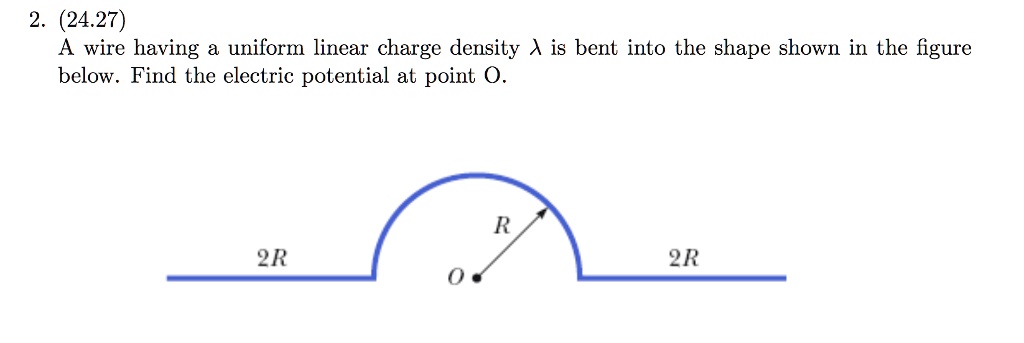 2. (24.27)
A wire having a uniform linear charge density (lambda) is bent into the shape shown in the figure
below. Find the electric potential at point O.