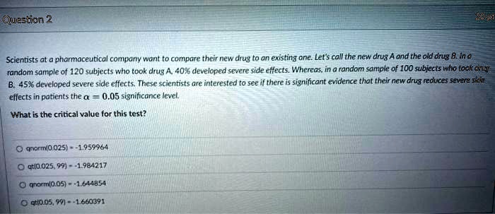 Scientists at a pharmaceutical company want to compare their new drug to an existing one. Let's call the new drug A and the old drug B. In a random sample of 120 subjects who took drug A, 40% developed severe side effects. Whereas, in a random sample of 100 subjects who took drug B, 45% developed severe side effects. These scientists are interested to see if there is significant evidence that their new drug reduces severe side effects in patients the ? = 0.05 significance level.

What is the critical value for this test?

qnorm(0.025) = -1.959964
qt(0.025, 99) = -1.984217
qnorm(0.05) = -1.644854
qt(0.05, 99) = -1.660391