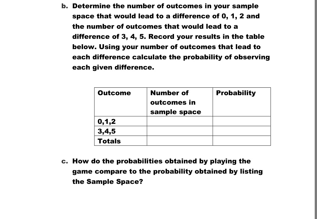 Solved B Determine The Number Of Outcomes In Your Sample Space That Would Lead To A Difference Of 0 1 2 And The Number Of Outcomes That Would Lead To Difference Of 3